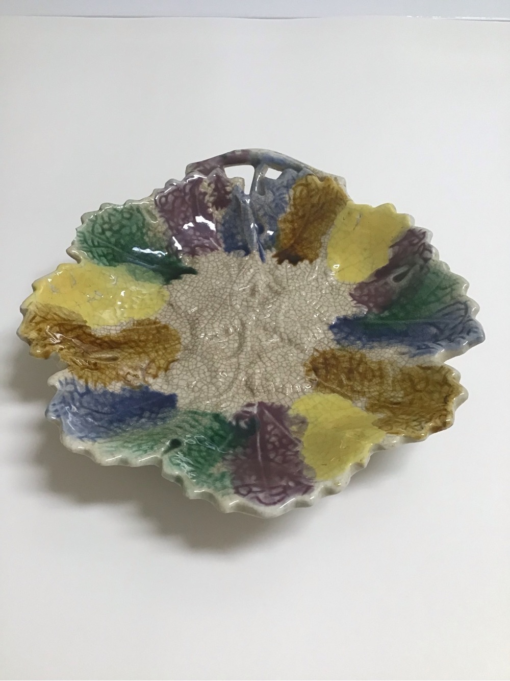 Antique Majolica Leaf Plate 1880's ? Morley & Co. Wellsville OH  7x7” Colorful - Picture 9 of 13